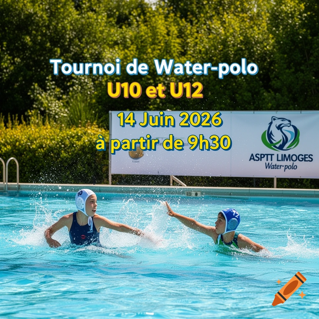 Two children playing water polo in an outdoor pool, with overlaid text announcing a U10/U12 tournament on June 14, 2026, by ASPTT Limoges.