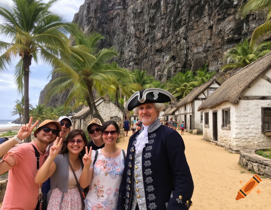 Smiling tourists making peace signs pose with a man in 1700s attire on a tropical island with old buildings and a large rock wall.
