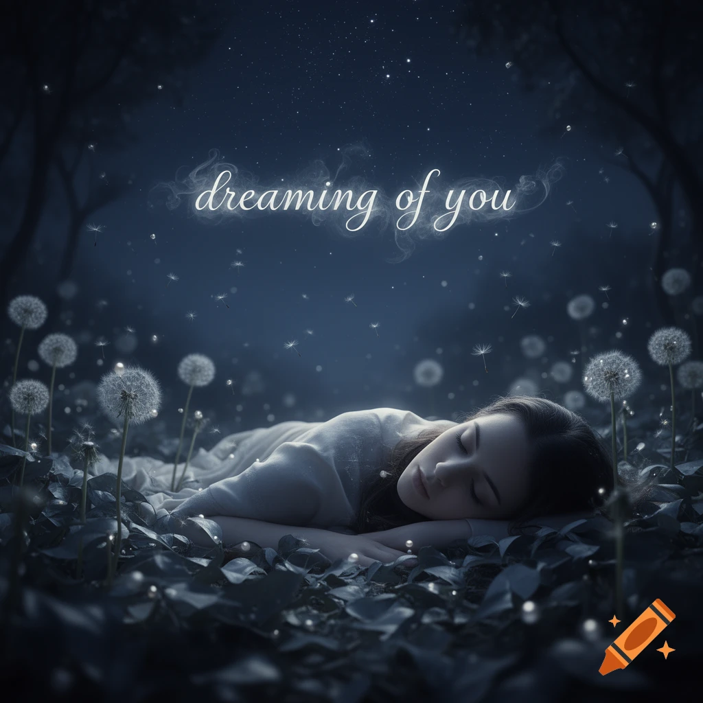 A woman sleeps peacefully among dandelions in a dark, starry forest with 'dreaming of you' floating above.