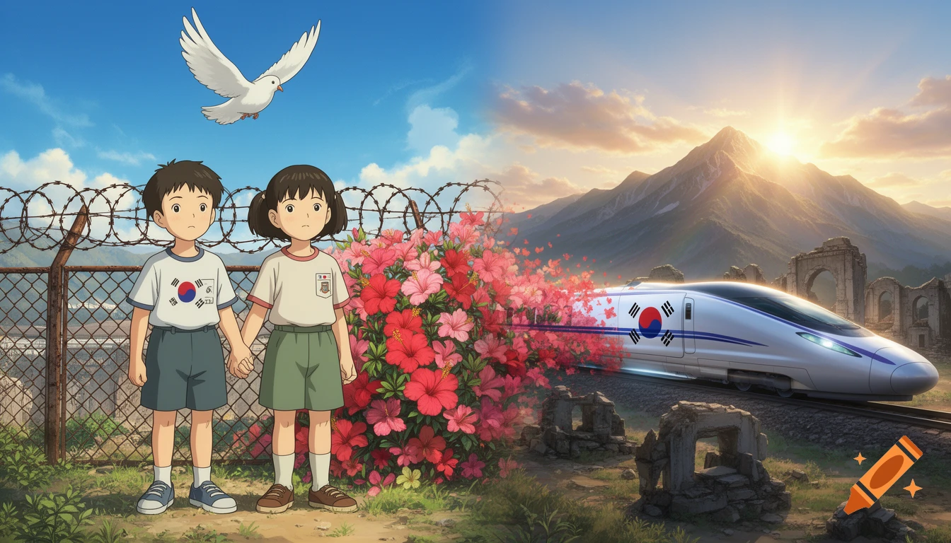 An anime-style image of two children holding hands in front of a barbed wire fence and a field of hibiscus flowers, with a white dove flying above them. On the right, a high-speed train with the South Korean flag on its side speeds past ancient ruins under a sunrise, transitioning from the fence and flowers.