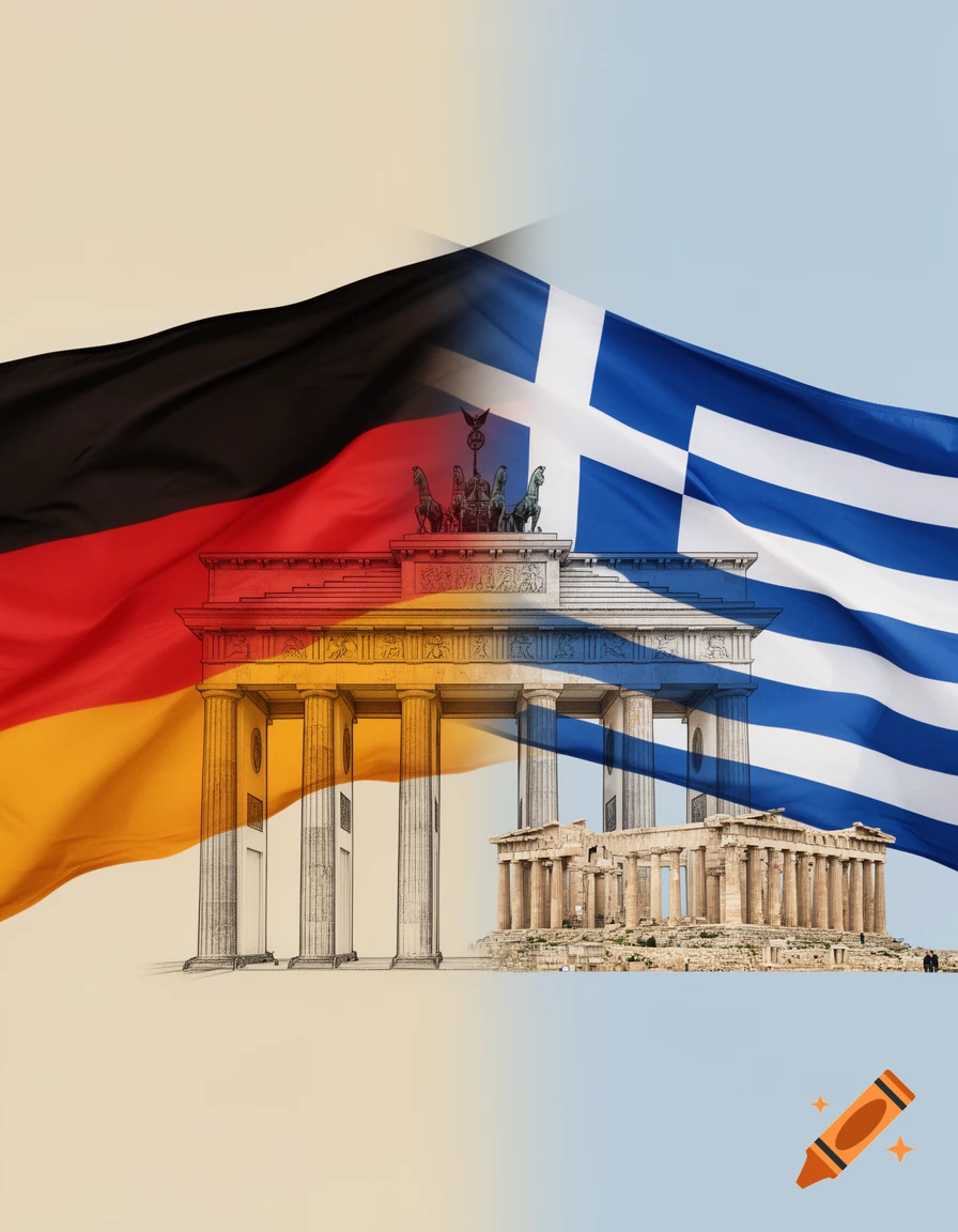 German and Greek flags blending over stylized Brandenburg Gate and Parthenon against a light sky.