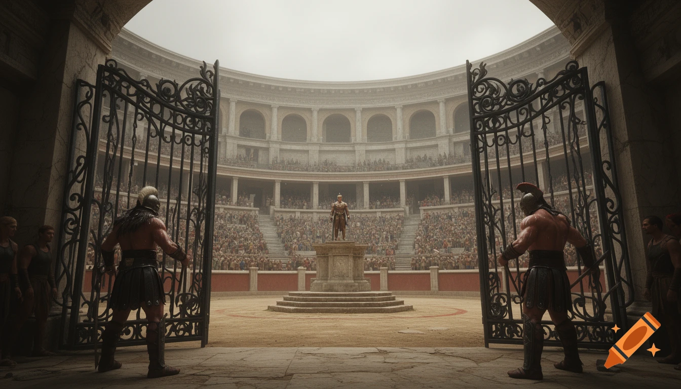 Two gladiators stand by large ornate gates looking into a packed Roman arena with a central figure on a pedestal.