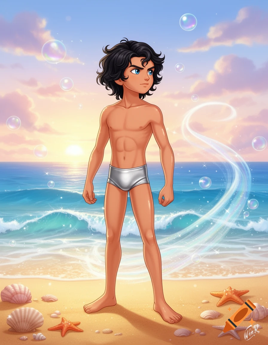 An animated boy in a silver speedo stands on a sandy beach with ocean waves, seashells, starfish, bubbles, and a sunset.