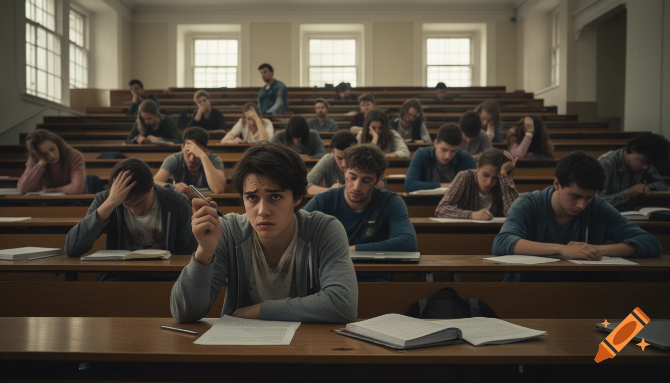 Photorealistic image of many tired and worried university students sitting in a tiered lecture hall after a difficult exam.