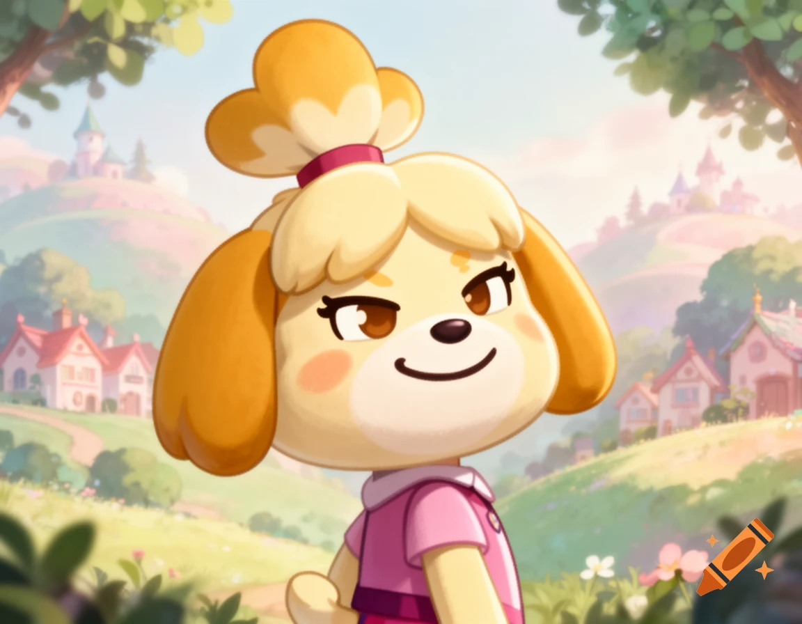 Cartoon Isabelle from Animal Crossing, a yellow dog in a pink outfit, smiling outdoors with a village and trees in the background.