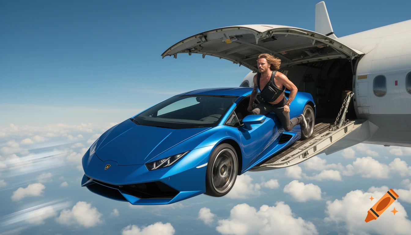 Photorealistic image of a man with long hair and a fanny pack exiting a blue Lamborghini as it drops out of a cargo plane high above the clouds.