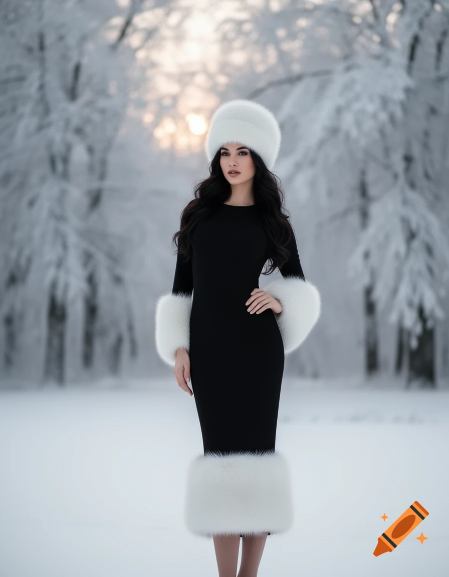 A woman in a black dress with white fur trims and a matching fur hat stands in a snowy forest at sunset. Photorealistic.