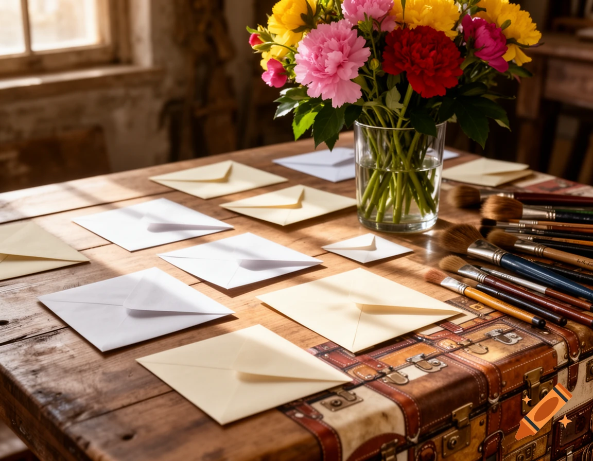 A rustic wooden table with envelopes, a vase of colorful flowers, and a collection of paintbrushes, with sunlight streaming through a window.