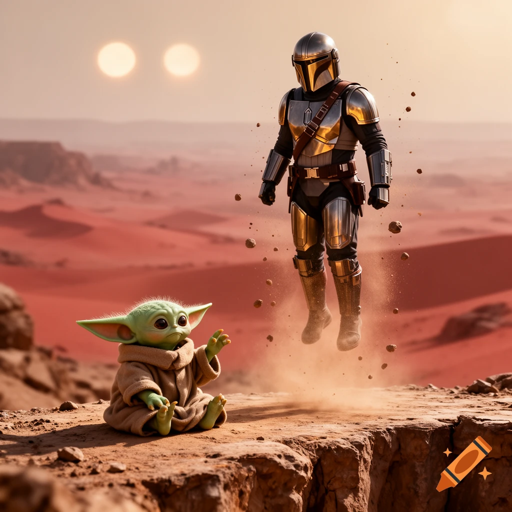 Grogu sits in a red desert, raising a hand as The Mandalorian hovers above the ground, kicking up dust, under two bright suns.