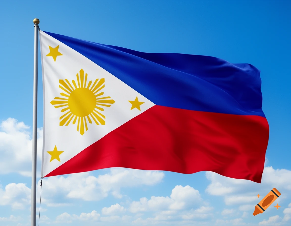 The national flag of the Philippines waving against a blue sky with white clouds.