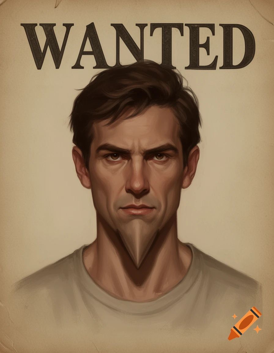 Digital art portrait of a man with a sharply pointed chin on a 'WANTED' poster.