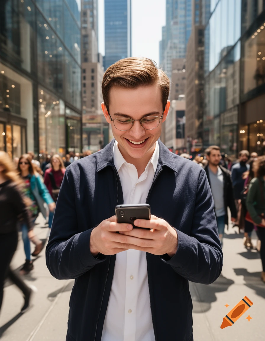 A smiling young man in glasses looks at his mobile phone while standing on a bustling city street.