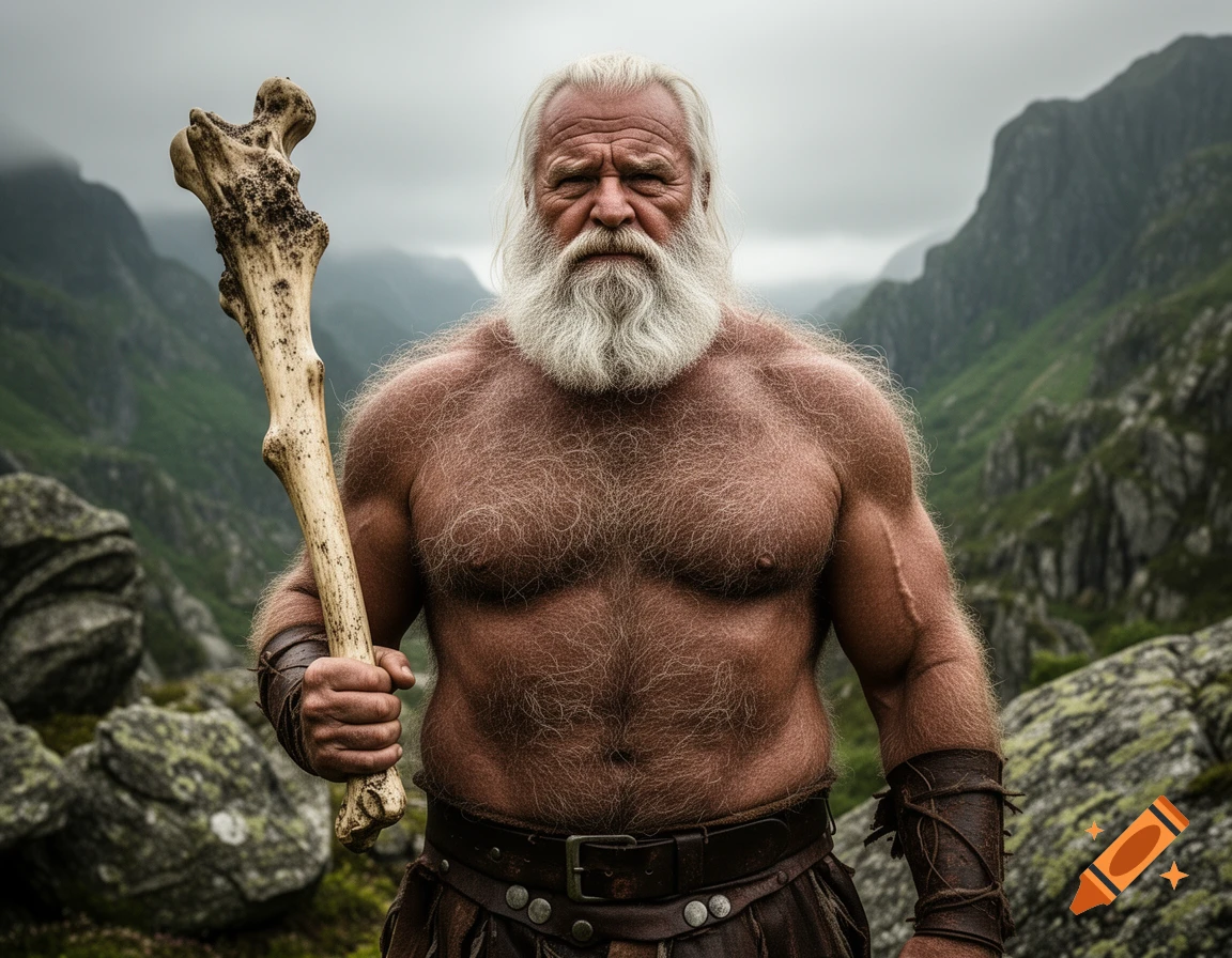 Muscular, white-bearded barbarian in a mountainous landscape, holding a bone club.