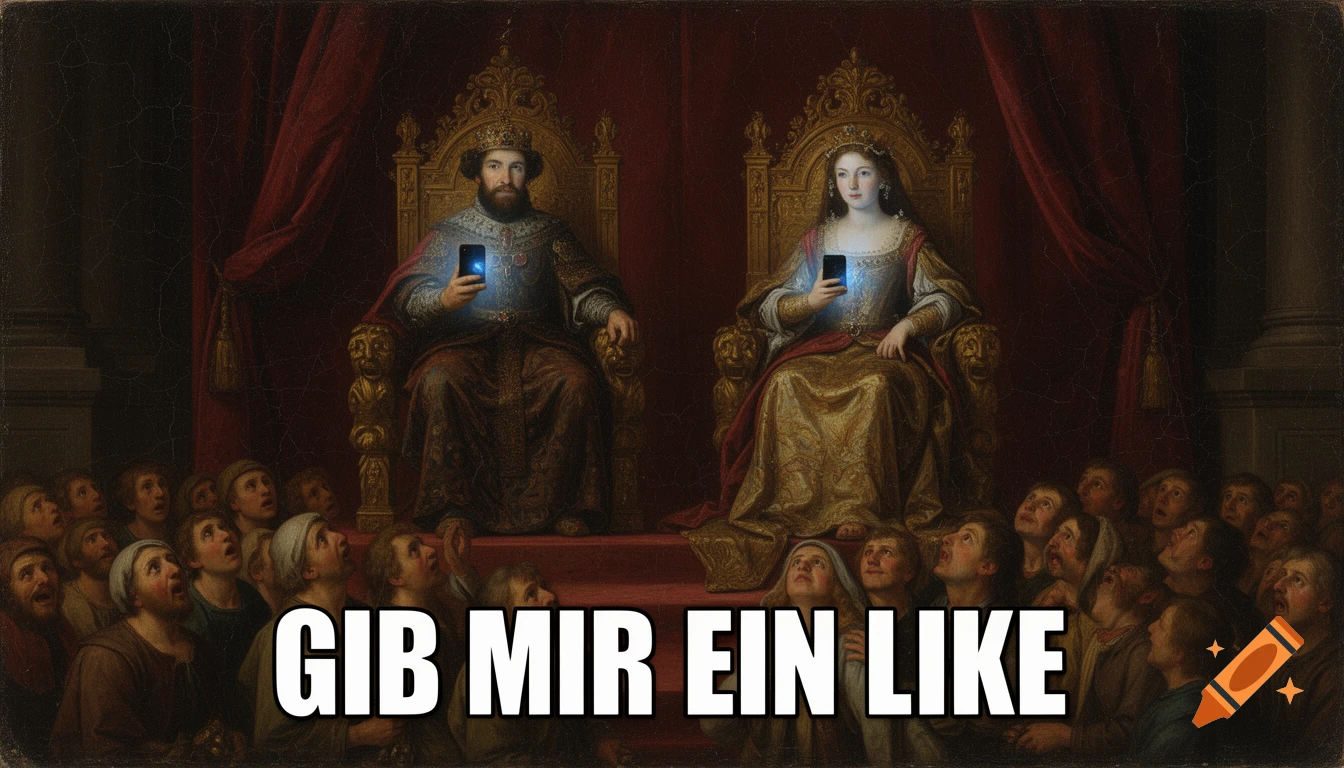 Renaissance painting of a king and queen on thrones holding glowing smartphones, with a crowd looking up. Text: 'GIB MIR EIN LIKE'.