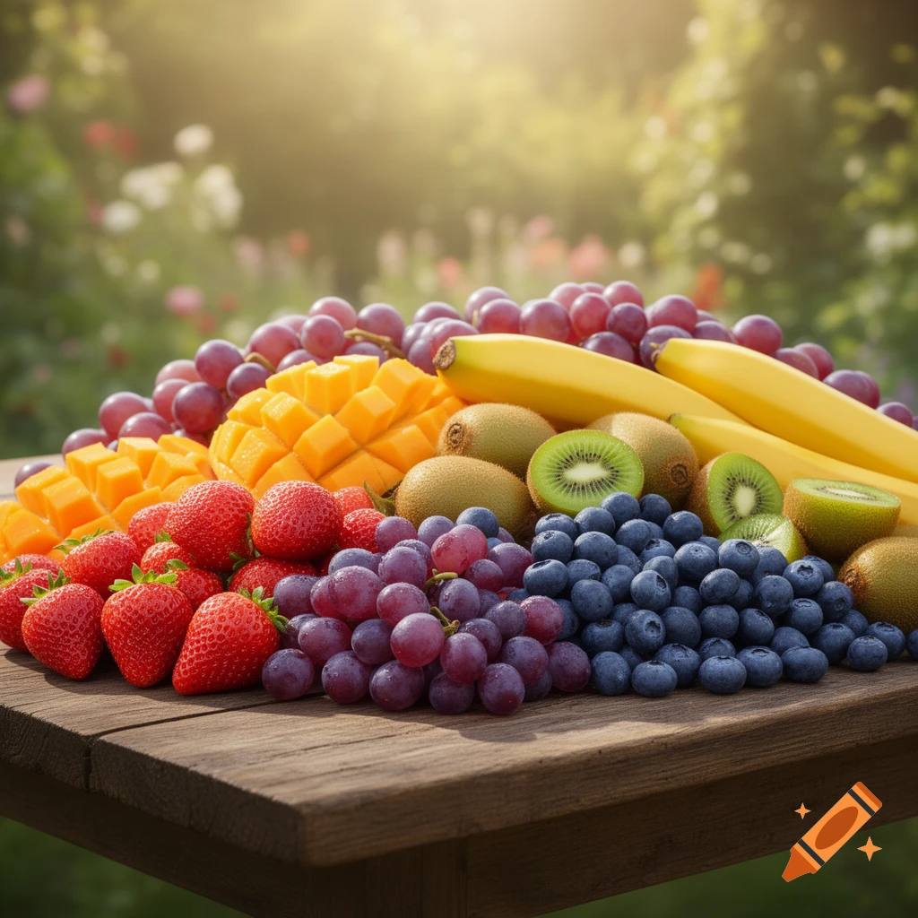 A colorful assortment of fresh fruits including strawberries, blueberries, grapes, mango, kiwi, and bananas piled on a wooden table in a sunlit garden.