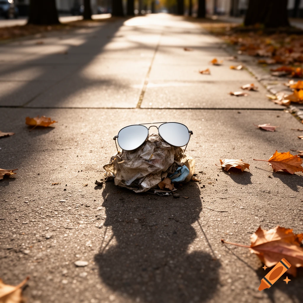 Aviator sunglasses resting on a pile of crumpled trash on a sunlit concrete sidewalk with scattered autumn leaves.