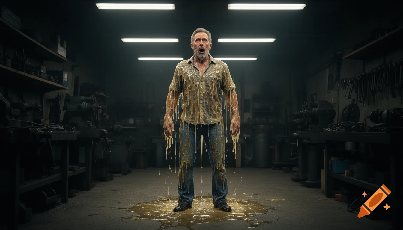 Photorealistic image of a man covered in melting yellow liquid, looking shocked in a dimly lit workshop.