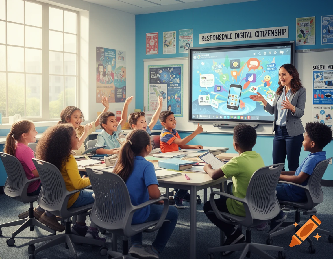 A diverse group of elementary school children in a classroom raising their hands, listening to a female teacher presenting on a large interactive screen about digital citizenship.