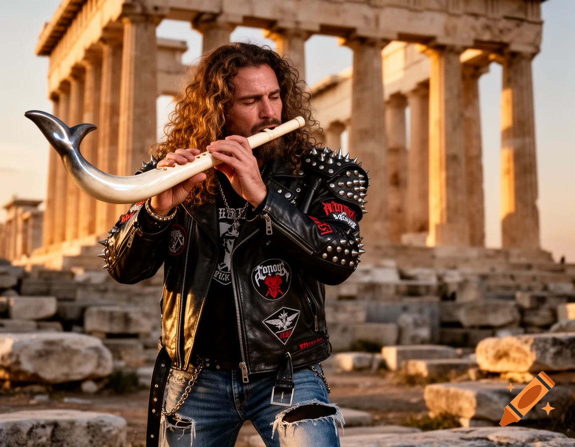 A man with long curly hair in a studded leather jacket plays a flute with a decorative, curved end in front of ancient Greek ruins at sunset.