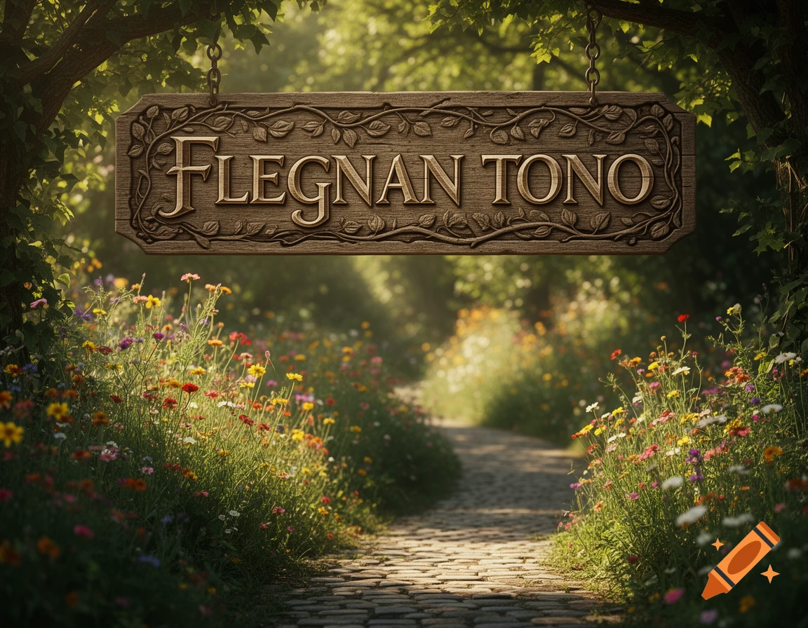 A sunlit forest path winds through wildflowers, leading to a wooden sign carved with "FLEGNAN TONO" hanging from trees.
