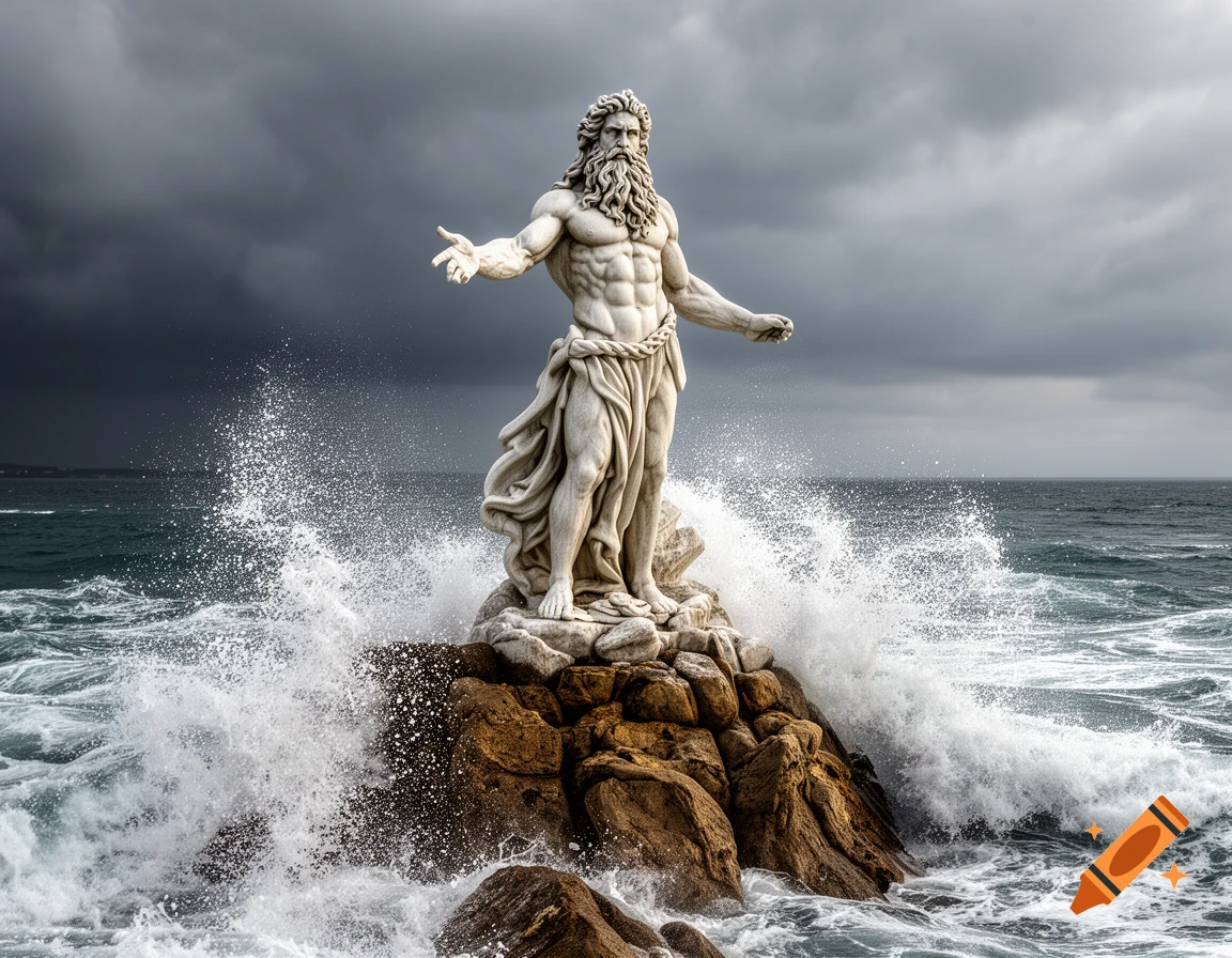 Photorealistic white marble statue of Poseidon standing on dark rocks in a stormy sea, waves crashing around him under a dramatic sky.