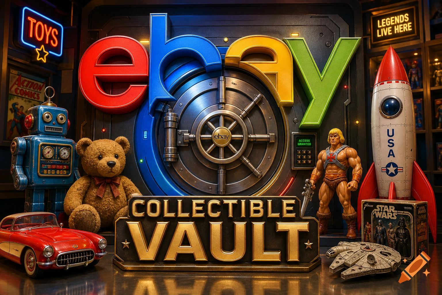 A photorealistic display of an "eBay Collectible Vault" with various toys surrounding it, including a robot, teddy bear, red car, He-Man, rocket, and Millennium Falcon.