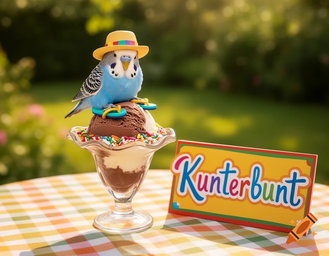 A blue parakeet in a straw hat and flip-flops sits on a chocolate and vanilla ice cream sundae with sprinkles, next to a 'Kunterbunt' sign on a checkered tablecloth in a sunny garden.
