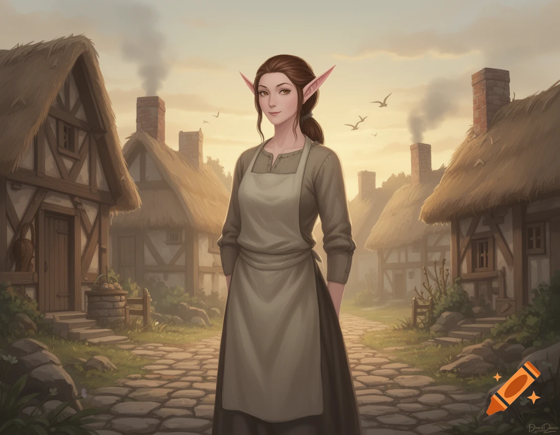 A female elf peasant with brown hair and pointed ears wears a simple dress and apron, standing in a rustic medieval village at sunset. Digital illustration.