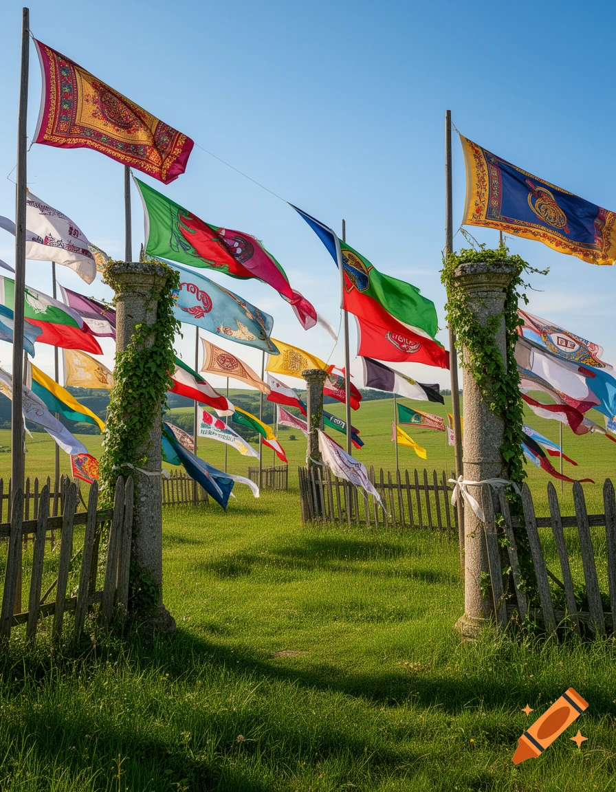 Colorful flags with various emblems and patterns wave on tall poles in a sunny, green grassy field, framed by two stone pillars with ivy and a wooden fence.
