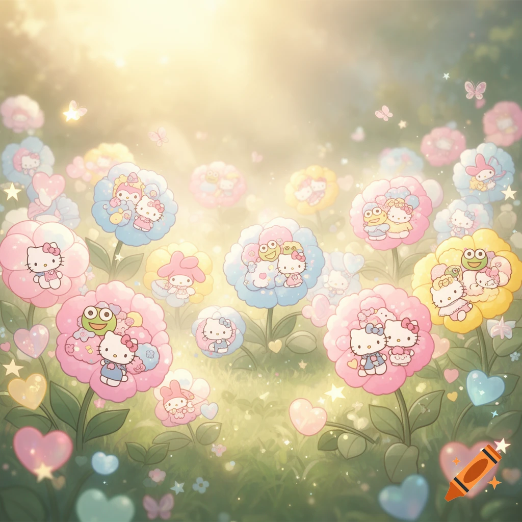 A whimsical field of pastel Sanrio character flowers, including Hello Kitty, My Melody, and Keroppi, in a dreamy garden with glowing hearts and butterflies.