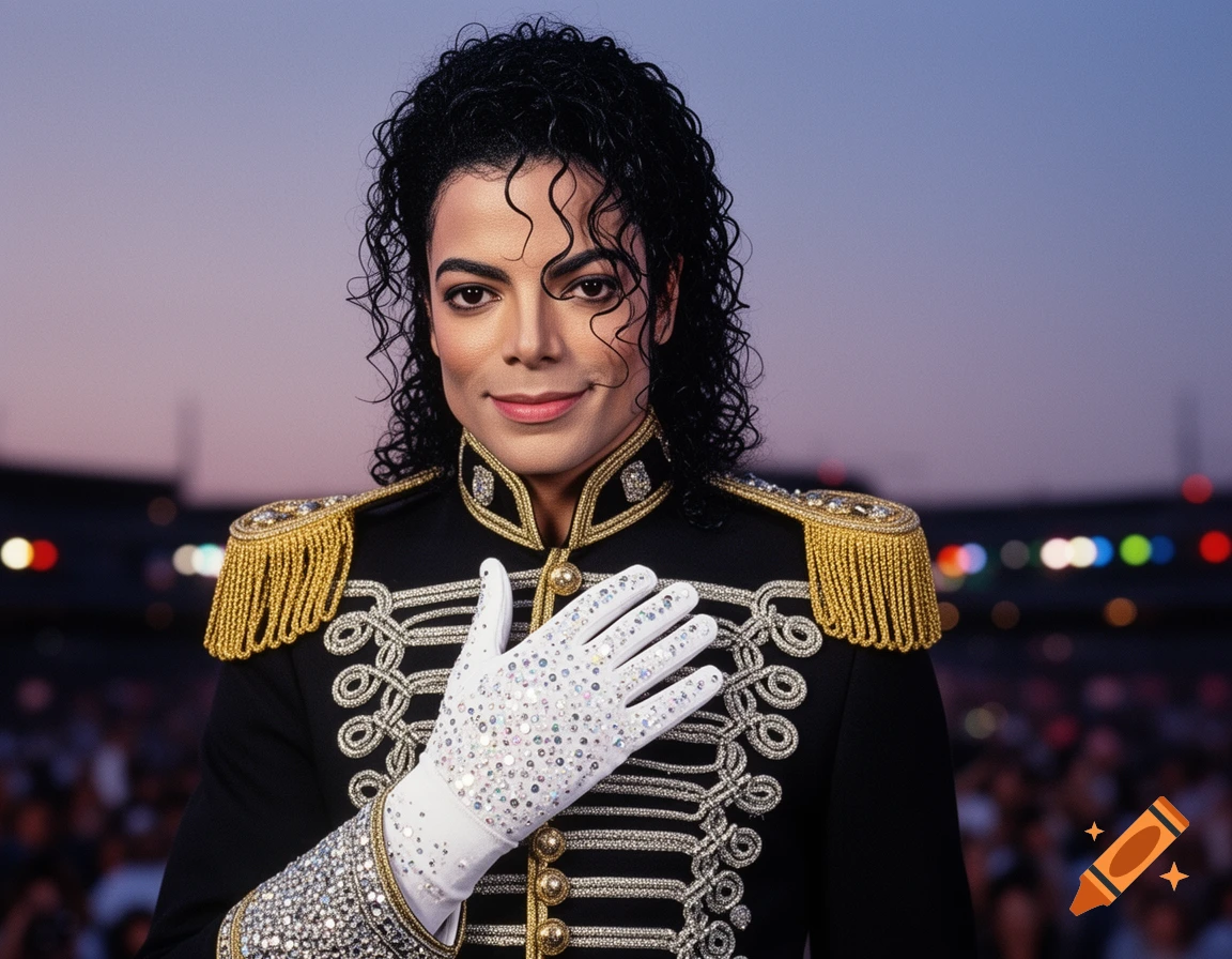 Photorealistic portrait of Michael Jackson in a black and gold military-style jacket and a sparkling white glove.