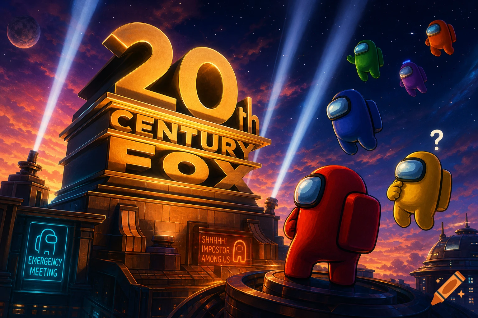 Among Us characters flying around a detailed 20th Century Fox logo against a dramatic space and city background, with neon signs.