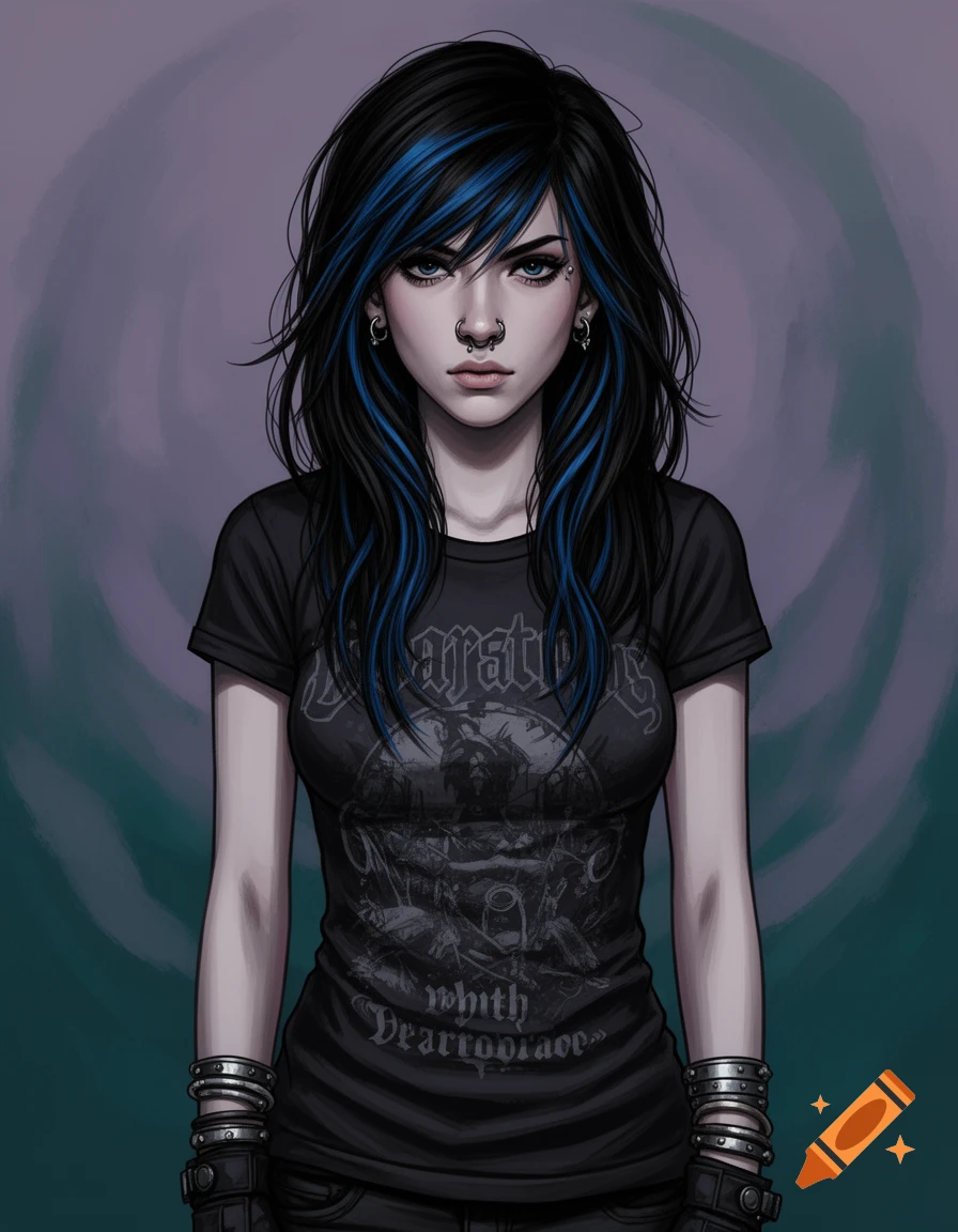 Stylized illustration of an emo girl with blue-streaked black hair, various facial piercings, and a black band t-shirt.