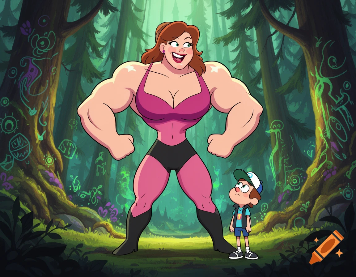 A muscular, large-breasted woman in a pink top and black shorts stands next to a small boy in a magical forest in a cartoon style.