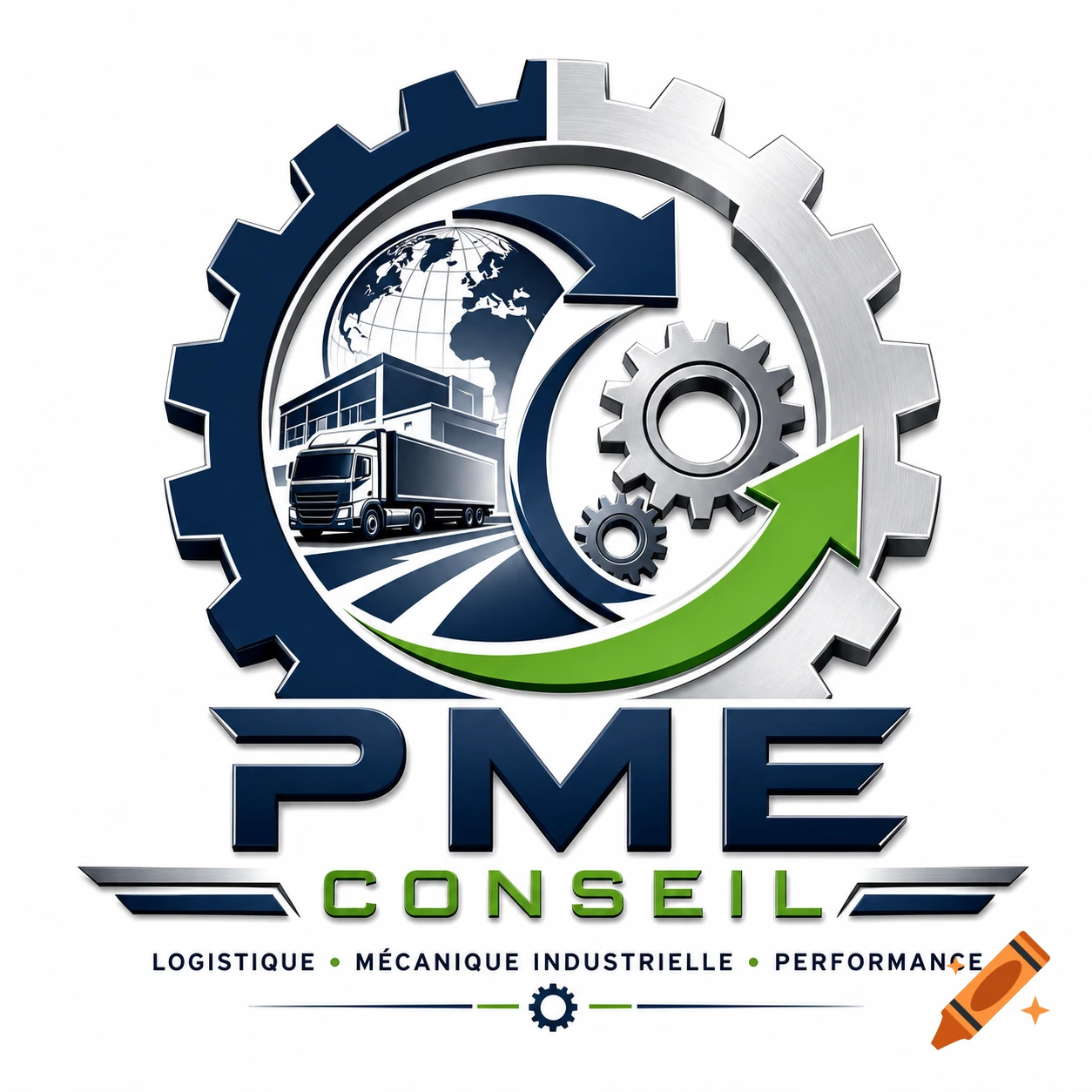 A shiny 3D logo for PME CONSEIL, featuring a blue and silver gear, a globe, a truck, industrial buildings, a green arrow, and text for logistics, industrial mechanics, and performance.