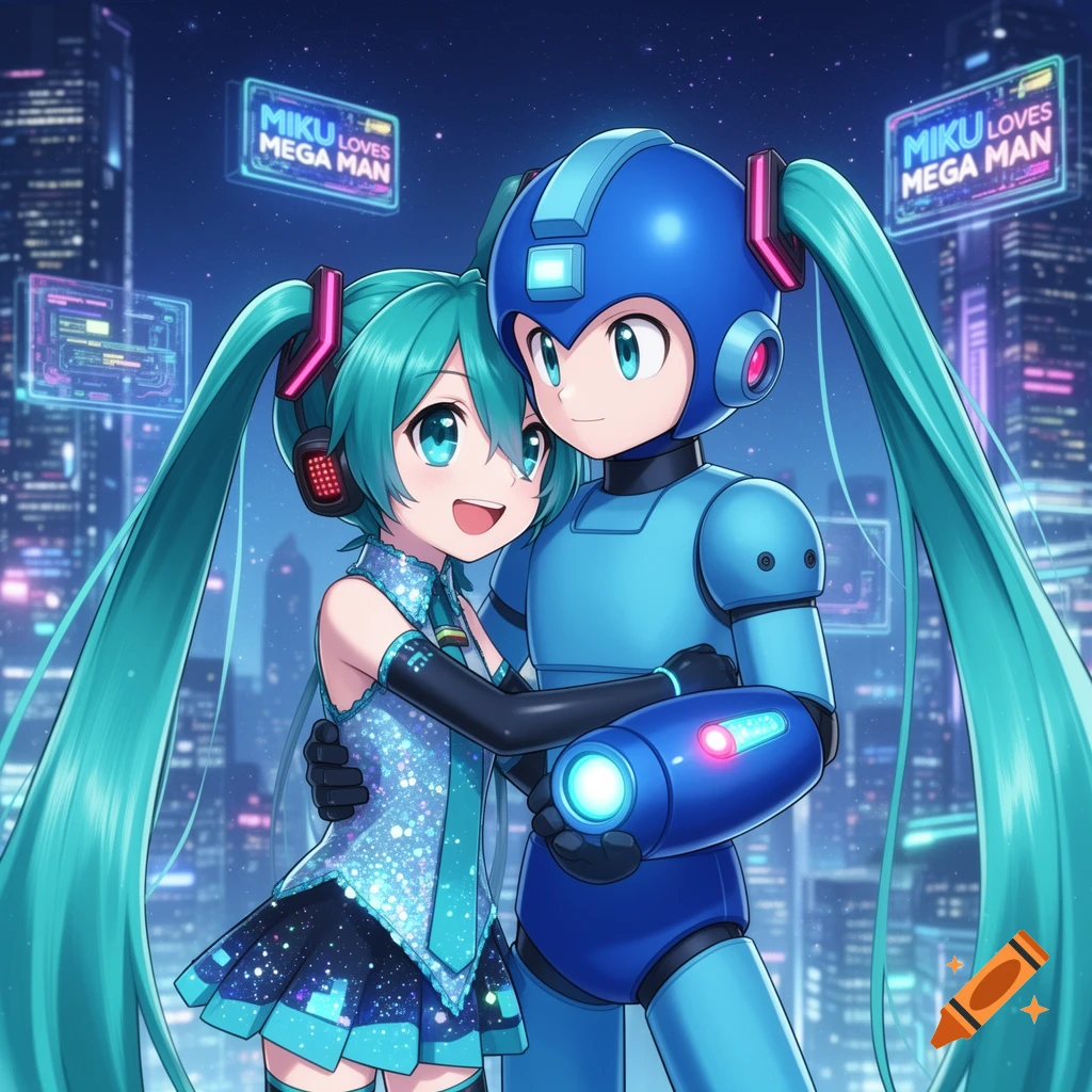 Hatsune Miku and Mega Man hugging in a futuristic city at night, anime style.