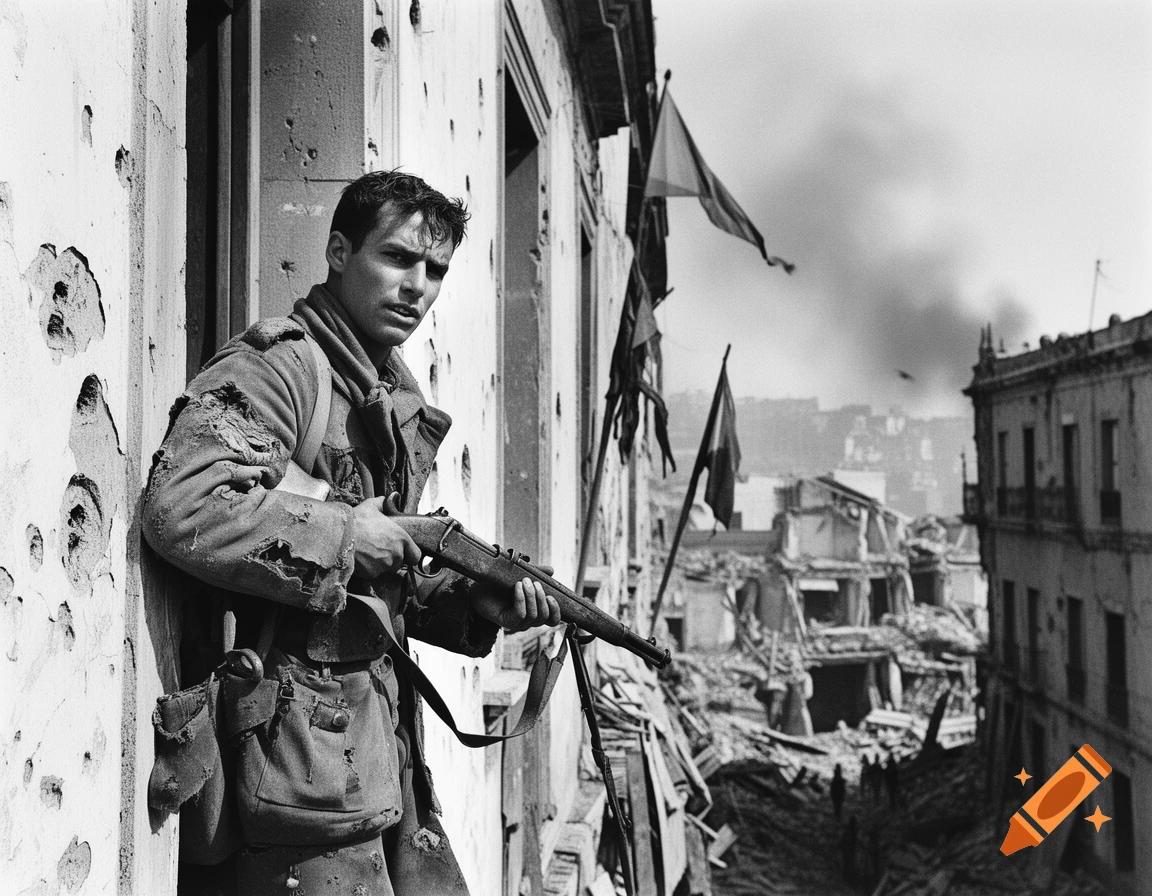 Black and white photo of a soldier with a rifle standing in a bullet-ridden building, looking out at a destroyed city.