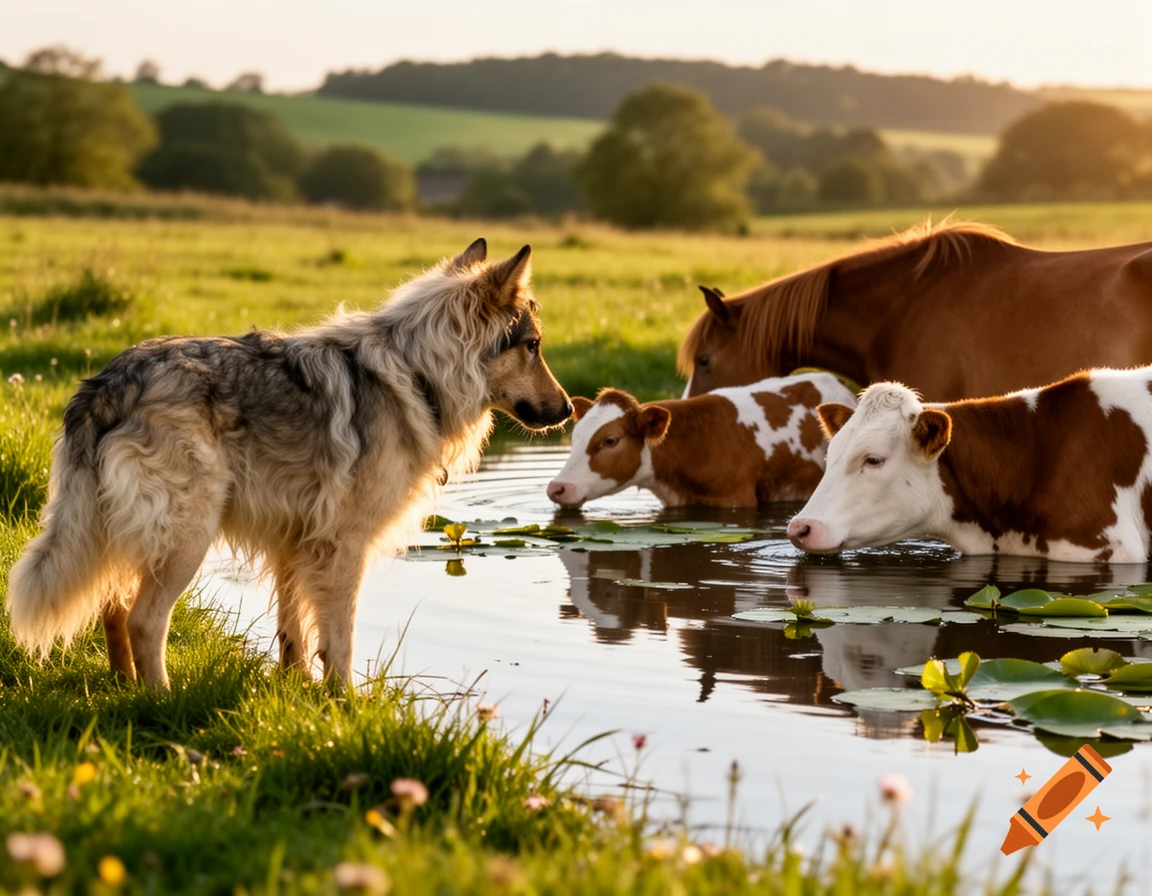 A long-haired shepherd dog stands by a pond as a horse and two calves drink, bathed in warm sunset light in a green field.