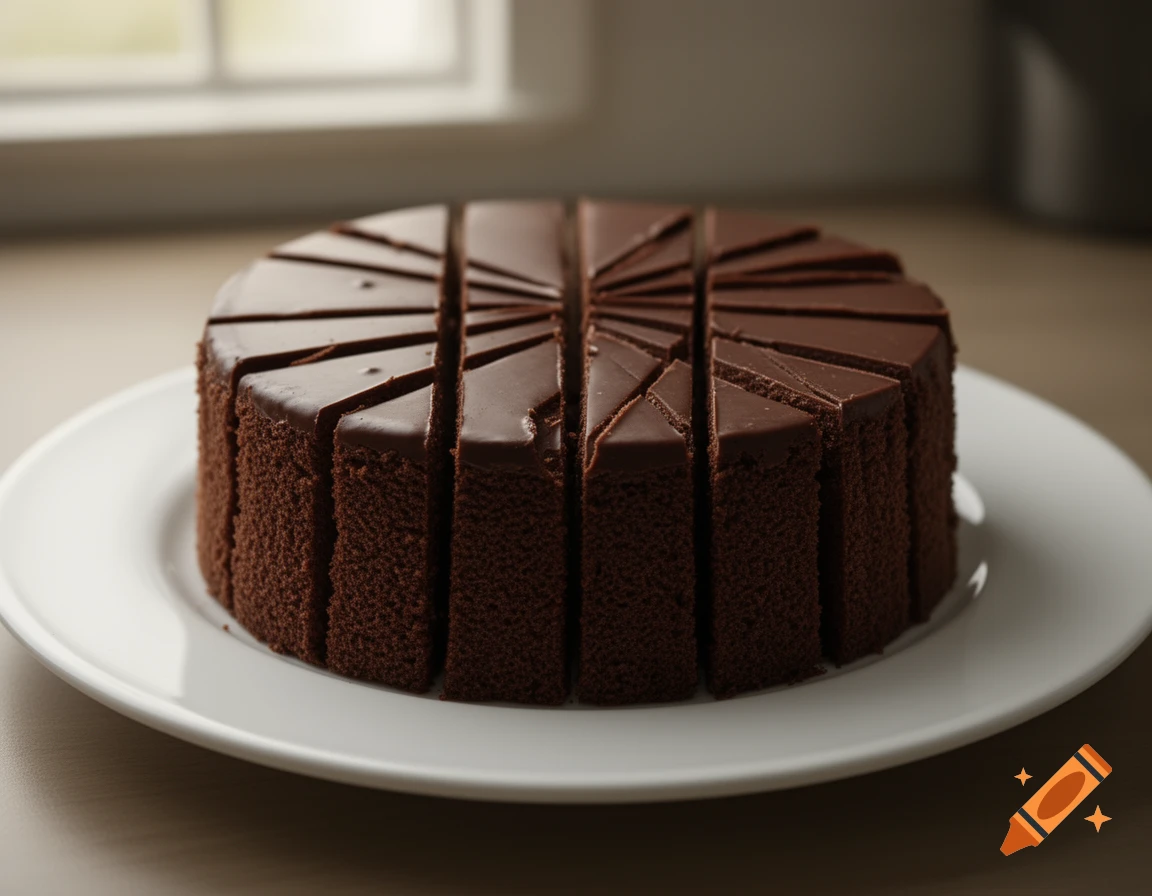 A photorealistic image of a round chocolate cake with dark frosting, precisely cut into many small, symmetrical triangular slices, on a white plate.