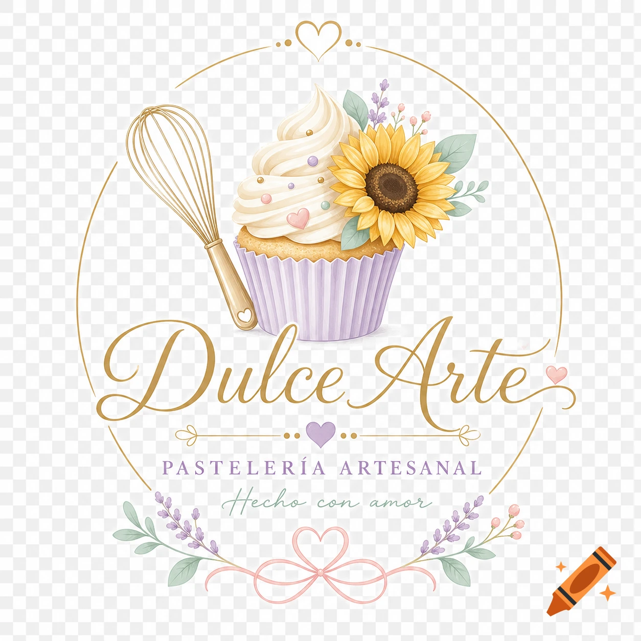 Sweet and elegant logo for 'Dulce Arte Pastelería Artesanal' featuring a cupcake, whisk, sunflower, and lavender in pastel colors.