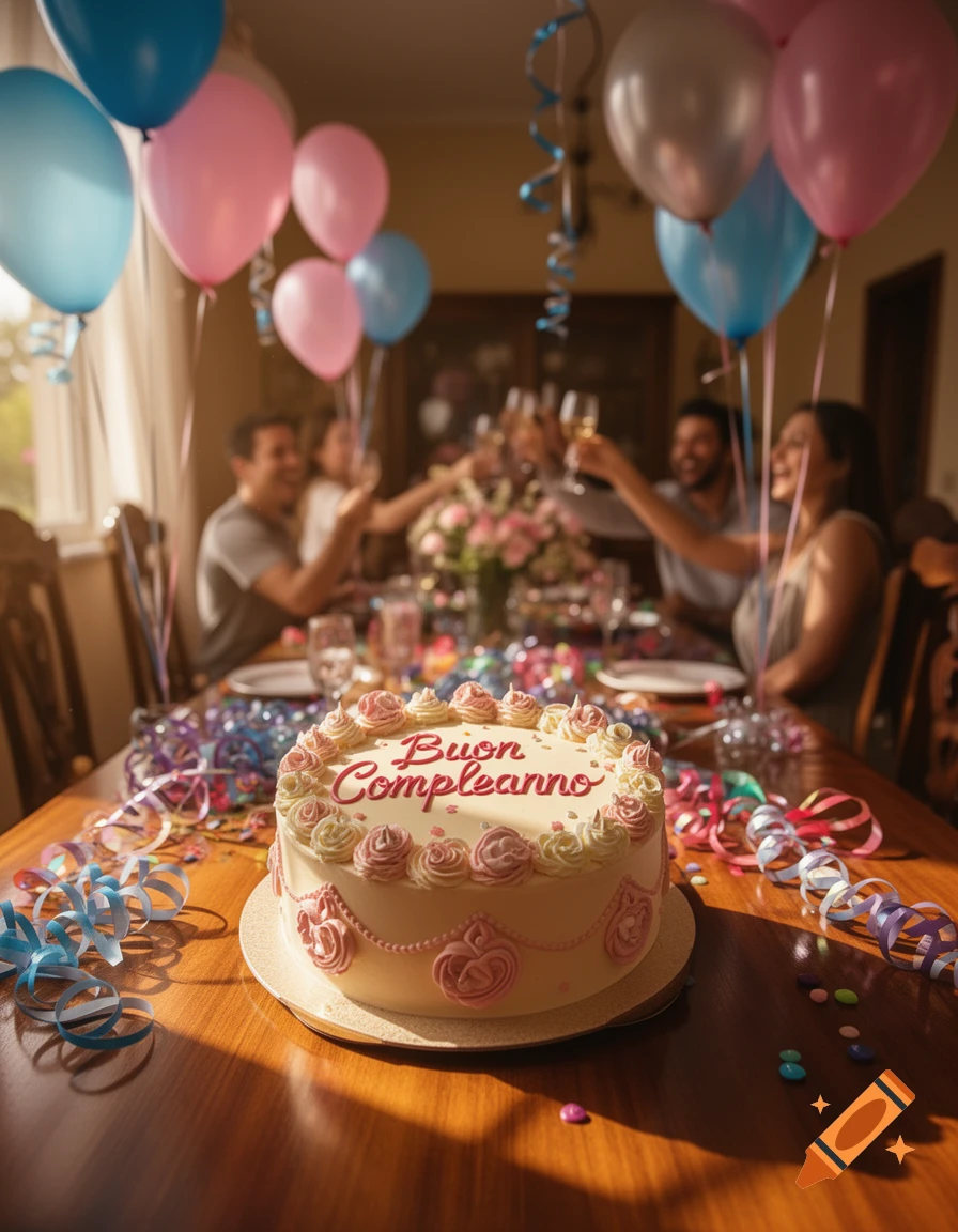 A white birthday cake with 'Buon Compleanno' on a wooden table, with blurred partygoers and balloons in a sunlit room.
