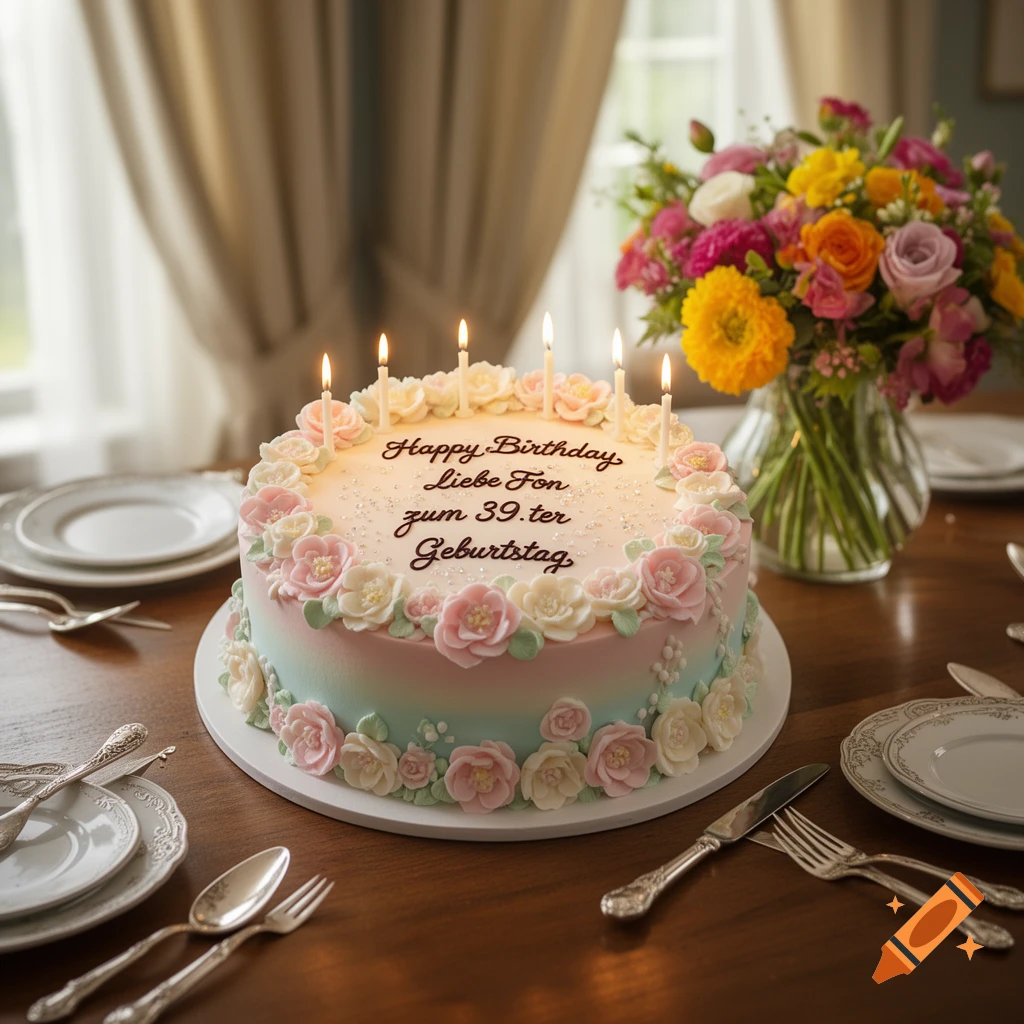 A pastel ombr é birthday cake with delicate pink and white frosting flowers, five lit candles, and German text on a dining table with flowers.