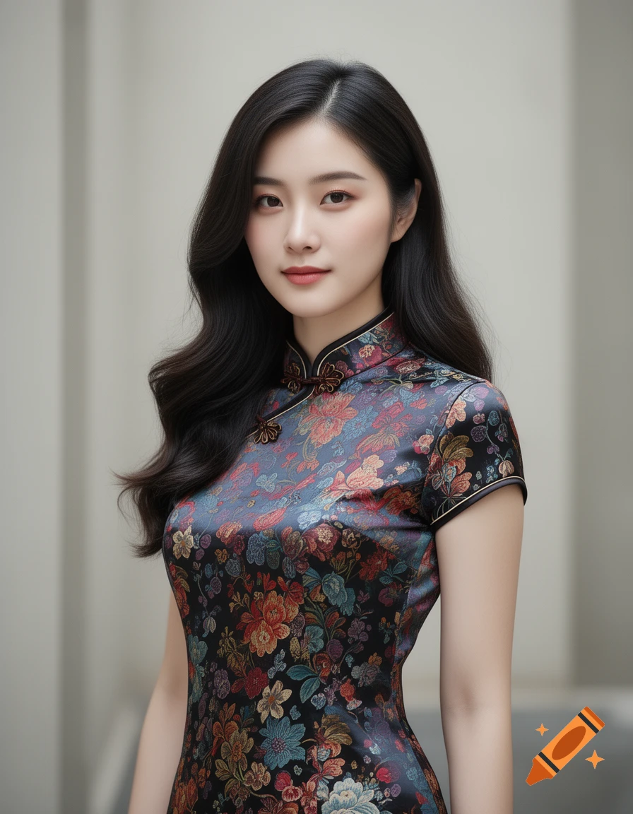 A photorealistic portrait of an Asian woman with long dark hair, wearing a dark floral cheongsam.
