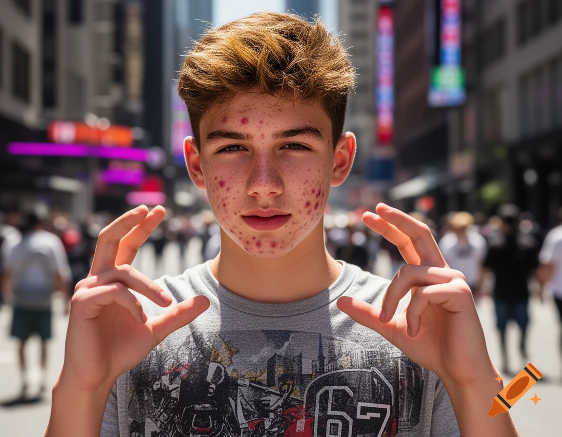 A young man with severe acne poses on a city street, holding his hands up and wearing a graphic t-shirt with the number 67.