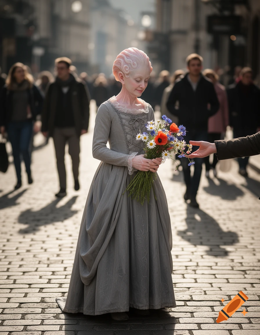 A pale, humanoid creature with a pink, ridged head wears a grey historical dress while holding wildflowers on a cobblestone street as a hand reaches towards it.