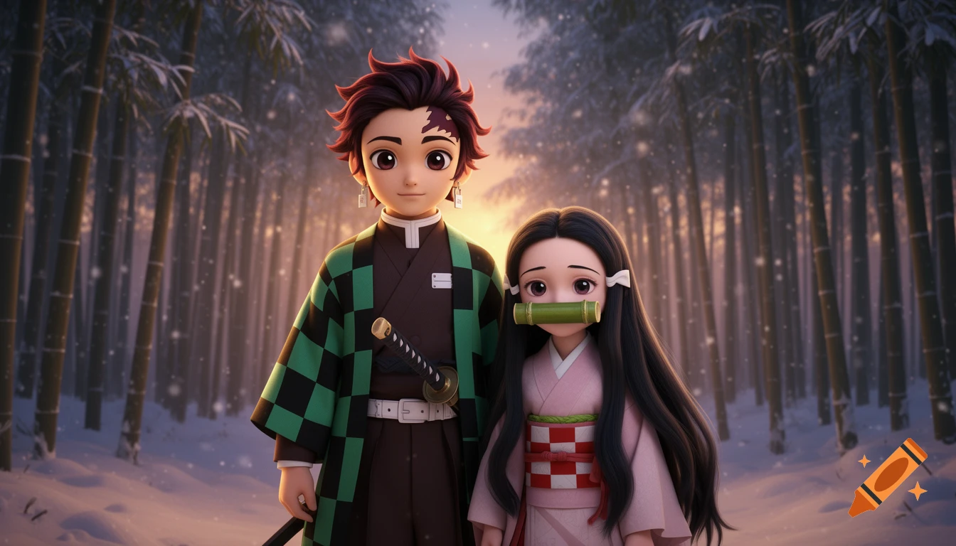 Tanjiro Kamado and Nezuko from Demon Slayer stand in a snowy bamboo forest, rendered in a 3D animated Disney-Pixar style.