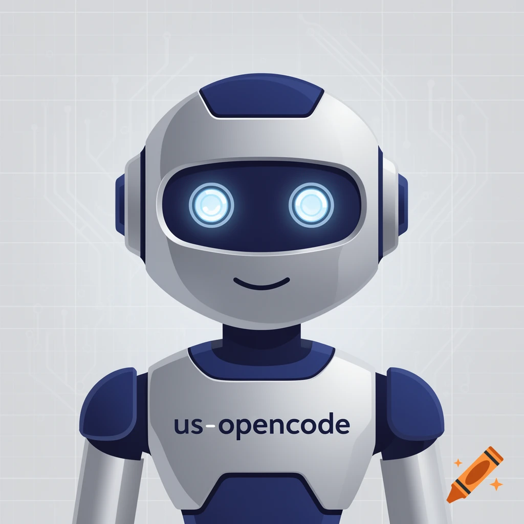 Illustration of a white and blue robot avatar with glowing blue eyes and 'us-opencode' on its chest.