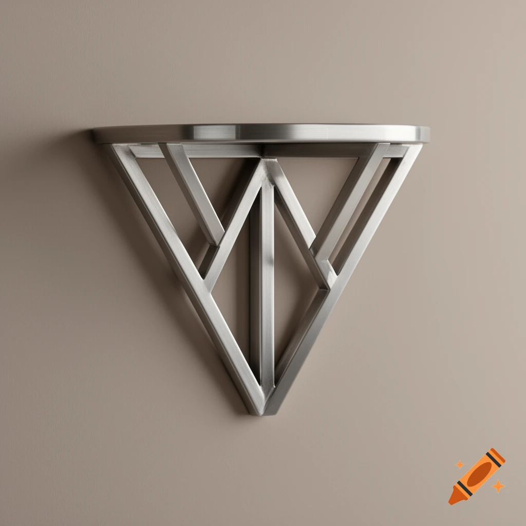 A unique geometric metal shelf bracket is mounted on a plain beige wall in a photorealistic style.