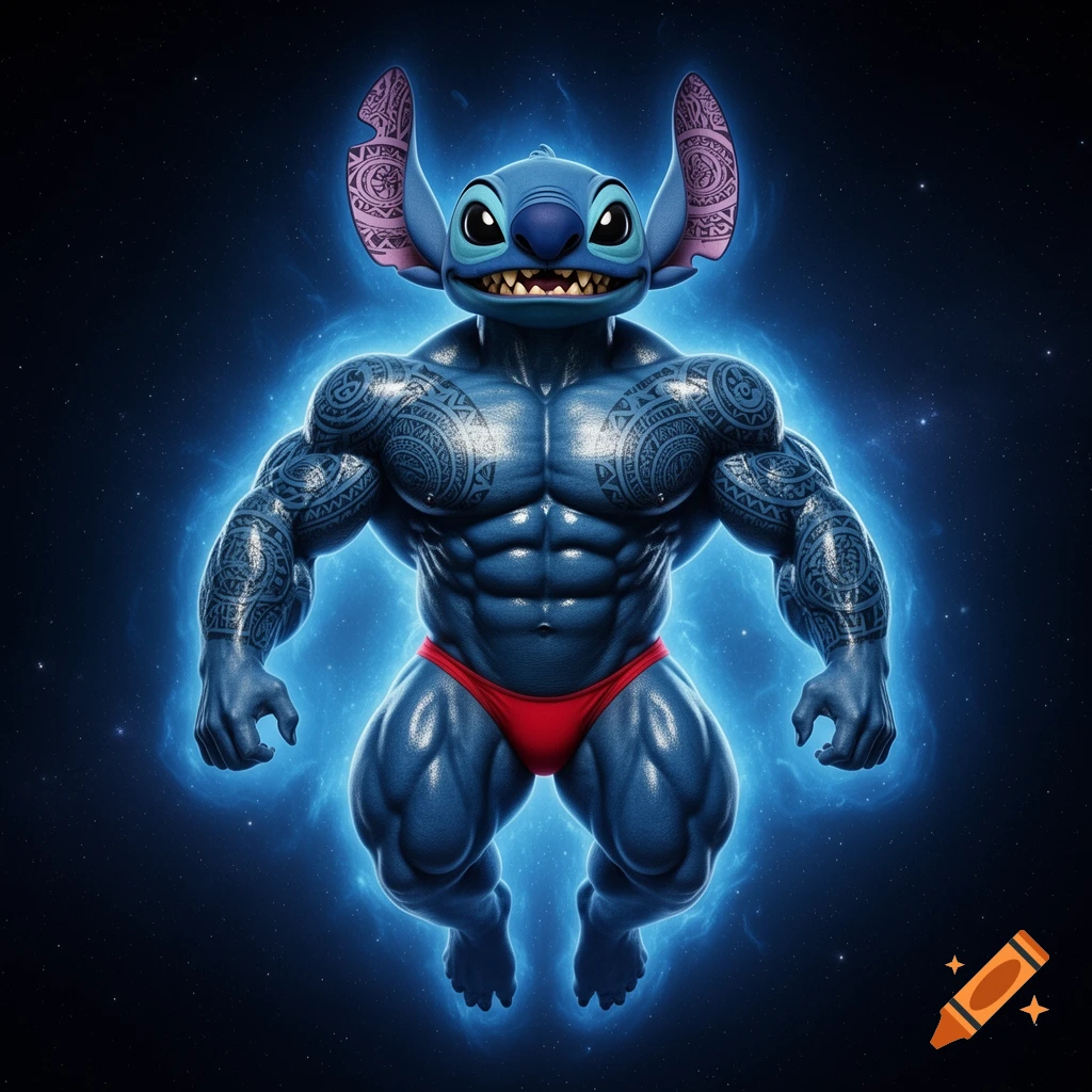 A blue, muscular Stitch with Polynesian tattoos and a red thong floats in space, surrounded by a glowing blue aura.