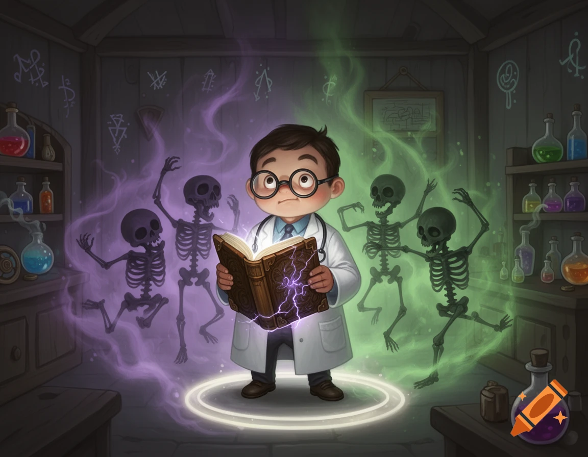 A cartoon little doctor with glasses and a lab coat reads a glowing book, summoning four dancing skeletons in a dim, magical laboratory.